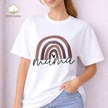 Camiseta de Algodón Blanca Casual para Mujer con Estampado de Arcoíris, Manga Corta, Corte Regular, Cuello Redondo, Tela de Elasticidad Media, Estilo para Uso Diario - Blanco 9 - Ver 7