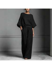 Linen Set With Bell Sleeves, Elegant And Modern Style, New Spring-Summer 2026 Collection For Women - Black - View 2