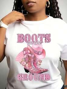 ropa de mujer Camiseta de manga corta casual con estampado floral de sombrero de vaquera rosa para mujer, diseño de botas en el suelo, ideal para ropa de calle, atuendos diarios y eventos casuales con temática del oeste. camisas de mujer - Blanco - Ver 5