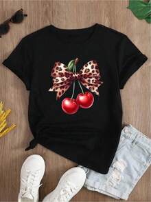 YOCASA Camiseta Casual de Verano para Mujer, con Cuello Redondo, Ajustada y Manga Corta, con Estampado de Pintura al Óleo, Floral, Corazón, Cereza y Patrones de Letras. Tejido Casual Simple, Estilo Deportivo, Ideal para Uso Diario y Citas de San Valentín. 1 pieza, 180G Pure Heavy, 95% Poliéster 5% Spandex. - Negro - Ver 2