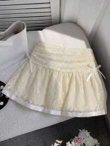 Minifalda acampanada fruncida con estampado de lunares para el verano - Amarillo - Ver 4