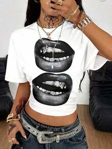 Camiseta corta de mujer con hombros caídos y rayas - Blanco - Ver 8