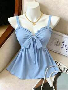 Top sin mangas casual para mujer, diseño de moda con tirantes de lazo, nudo de moño, a rayas azul y blanco, cintura ceñida, sexy y favorecedor, versátil para uso diario y citas, verano - Celeste - Ver 6
