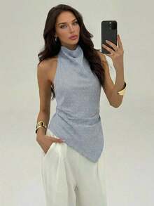 Blusa de mujer de unicolor con cuello halter, pliegues y bajo asimétrico - Azul y blanco - Ver 4