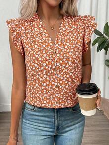 Clasi Blusa de mujer de verano con cuello en V y mangas cortas con estampado floral - Naranja - Ver 5