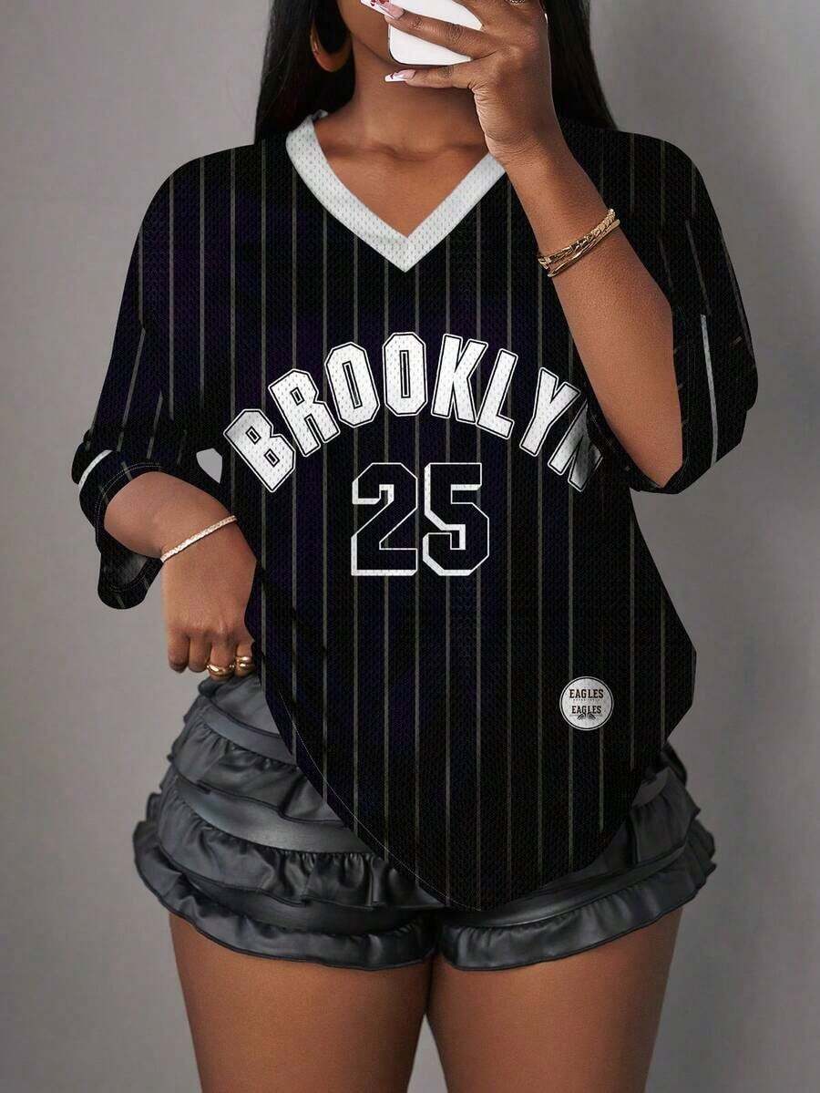 Camiseta gráfica minimalista casual con letra y número para mujer, adecuada para verano, deporte, combinación, fucsia con estampado a rayas de Brooklyn - Negro - Ver 1