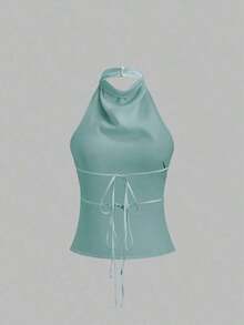Camiseta sin espalda con lazo, de satén de unicolor, con drapeado halter elegante - Celeste - Ver 2
