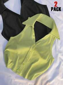 Blusa sin mangas con cuello polo y escote en V para mujer, de estilo casual y chic para la calle, en color marrón - Multicolor 2 - Ver 1