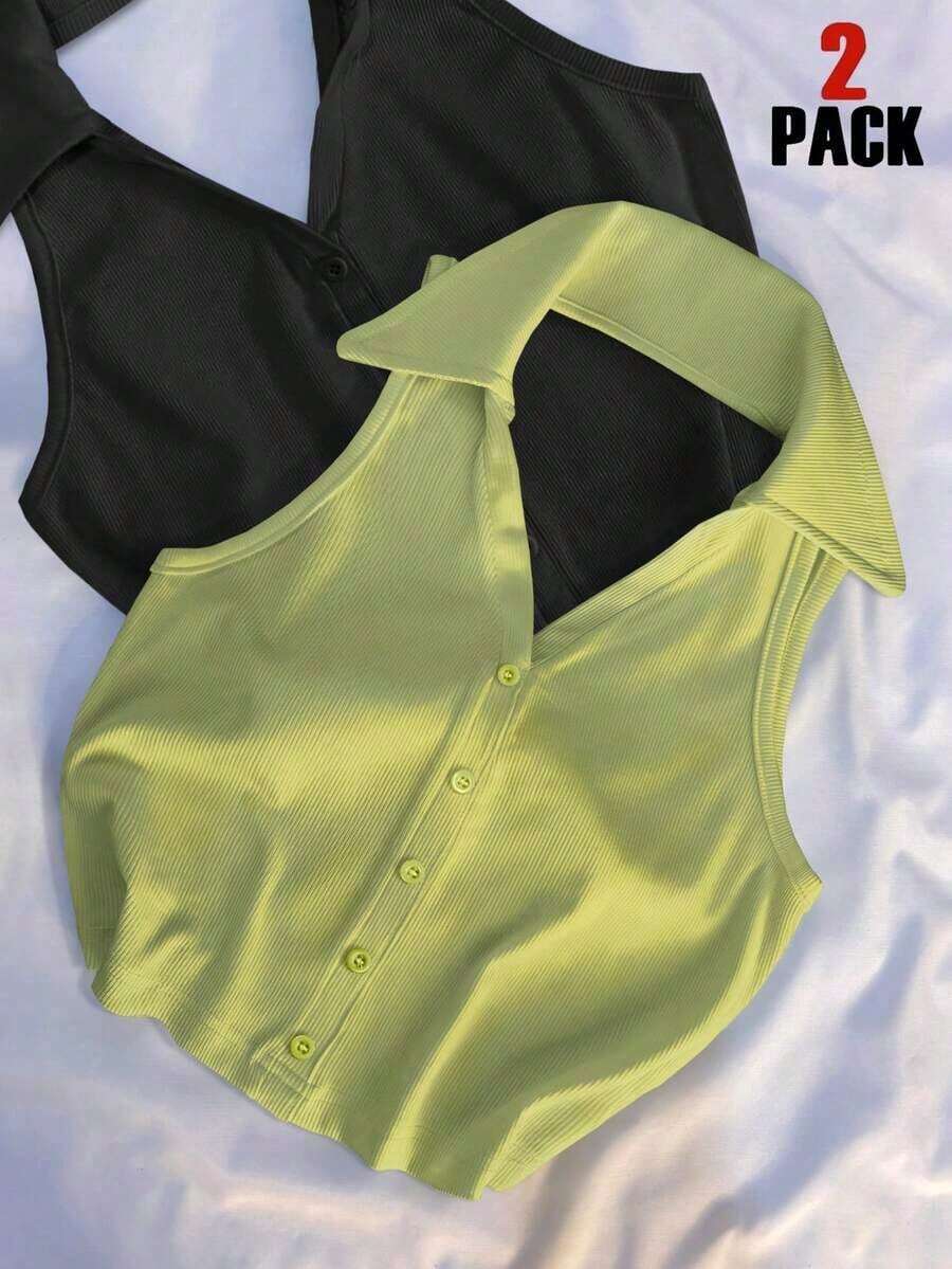 Blusa sin mangas con cuello polo y escote en V para mujer, de estilo casual y chic para la calle, en color marrón - Multicolor 2 - Ver 1