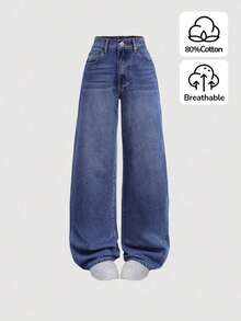 Jeans sencillos de uso diario con estampado de bigotes de gato para niñas adolescentes - Azul lavado oscuro - Ver 1