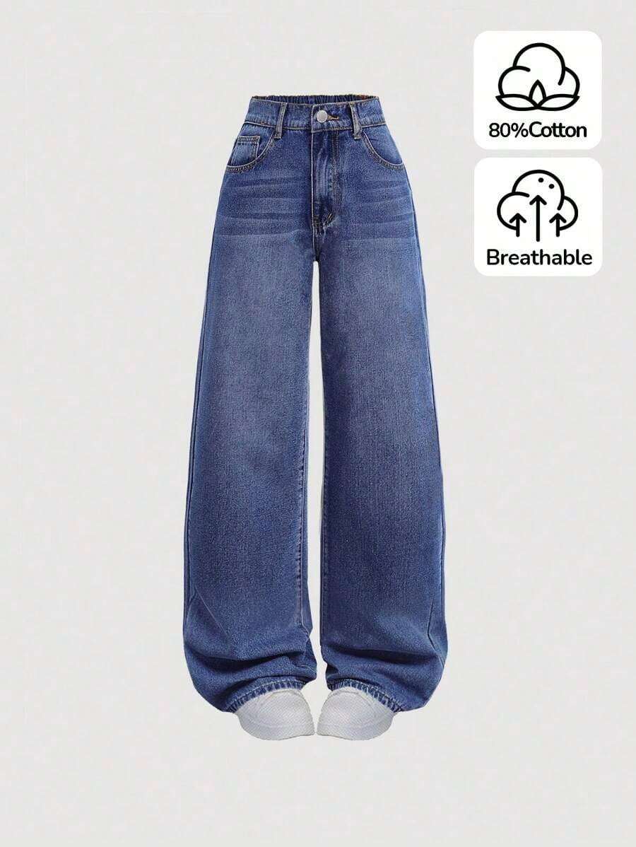 Jeans sencillos de uso diario con estampado de bigotes de gato para niñas adolescentes - Azul lavado oscuro - Ver 1