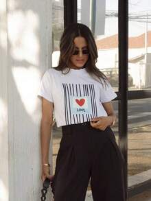 Casual de las mujeres de punto de longitud Regular ronda cuello manga corta del hombro de la camiseta con la impresión de amor LCEP - Blanco - Ver 6