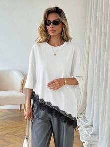 LUNE Camiseta básica de mujer de uso diario para primavera y verano, de unicolor, con dobladillo asimétrico y parches de encaje - Blanco y Negro - Ver 5