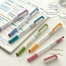 6/1pc Set. 12 Colors Dual-Tip Fluorescent Markers. Triangular Easy-Grip Barrel. Office Grade, Suitable For Drawing, Marking And Fluorescent Highlighting. Student/School Drawing Pens. Student Stationery Set. Pens. Office Supplies. - Double-ended Highlighter - View 3