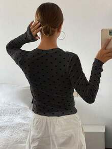 Blusa de manga larga de cuello redondo, ajuste delgado, con estampado de lunares, ropa de otoño para mujer - Negro - Ver 8