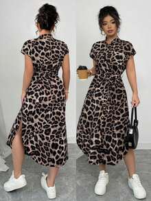 Elenzya Vestido casual de primavera/verano de largo midi con diseño elegante, cuello de camisa estampado de leopardo, mangas raglán, cinturado, lazo, botones de madera y versátil para club para mujeres de talla grande - Multicolor 2 - Ver 1