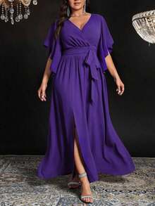 Vestido maxi elegante de fiesta con abertura, cuello en V ajustado, mangas acampanadas y cintura fruncida, talla grande para mujer - Morado - Ver 5