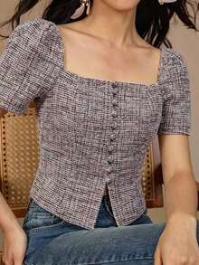 Blusa elegante de mujer de unicolor con jacquard, top tipo babydoll de verano - Rosa - Ver 3