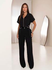 Women's Long Tailored Linen Set - Cropped Blouse And Pants - BLACK LINEN - View 4