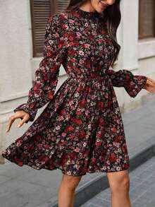 Vestido corto casual de manga larga con cuello alto y estampado floral para mujer - Multicolor - Ver 3