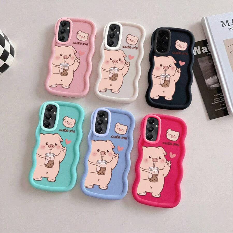 适用于 Galaxy A34/A35/A36/A54/A55/A56/M13 4G/M14 4G/M23/F13 4G/F14 4G/F23/S23 FE/S25/S25 Plus，可爱卡通奶茶小猪图案防震耐用 TPU 软手机壳 - 黑色 - 查看 1