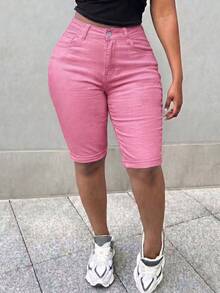 Women's Casual Distressed Elastic Denim Shorts, Suitable For Commuting And Daily Wear, Spring/Summer - Pink - View 3
