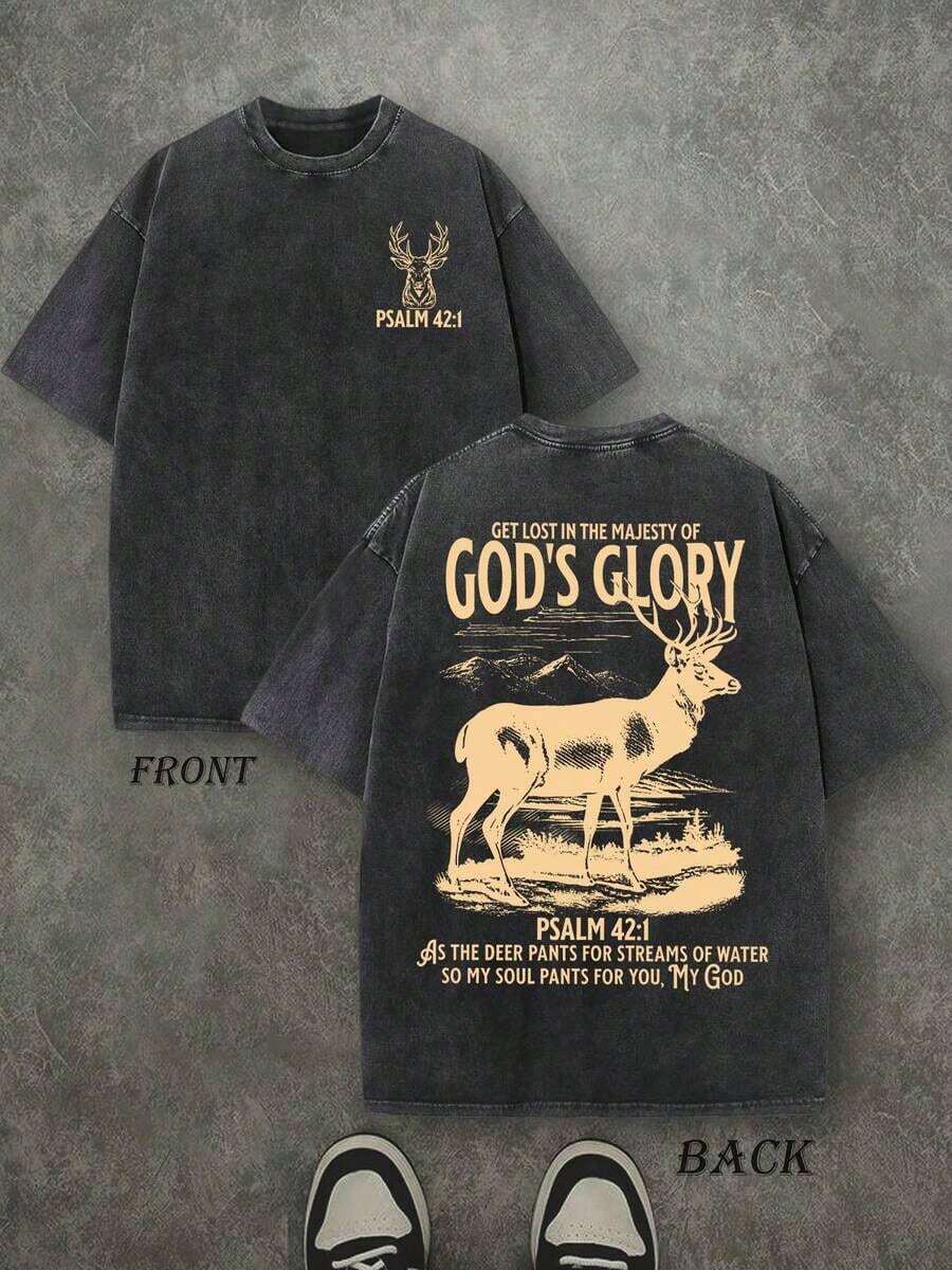 Washed Christian T-Shirt 'Glory Of God', T-Shirt With Bible Scripture 'PSALM 42:1', Vintage Retro Washed T-Shirt With Double-Sided Print (230 G/M² Pure Cotton T-Shirt), High-Quality Christian T-Shirt, Christian Gifts, T-Shirts For Men And Women, Comfortable And Fashionable Christian T-Shirt, Pure Cotton Urban Style T-Shirt For Autumn (Retro Style, Heavyweight, Unisex) - 黑色 - 查看 1