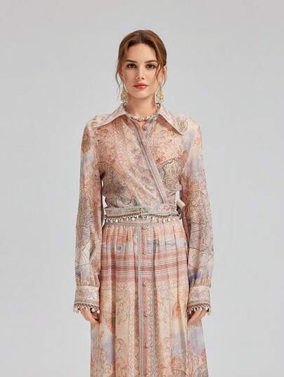 Rich Radi Q's Blusa casual de mujer con estampado de paisley, de manga larga, con cuello, detalles de botones y diseño de lazo