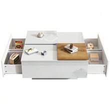 Modern Square Coffee Table In Glossy White Wood With Shelf, 75 X 75 X 33.5 Cm, Small Sliding Tabletop, Maximum Load Capacity Of 30 Kg. - White - View 5