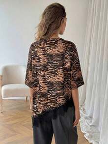 Camiseta casual de mujer con dobladillo asimétrico de encaje de unicolor, uso básico diario, blusa casual de primavera/verano para vacaciones de mujer, vacaciones de verano para mujer, primavera para mujer, vacaciones de primavera, top para ir - Multicolor - Ver 2