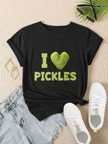 Camiseta Casual de Mujer con Diseño de Corazón "I Love Pickles" Estilo Vintage, Adecuada para Todas las Temporadas  
 BlackFashion - Negro - Ver 2