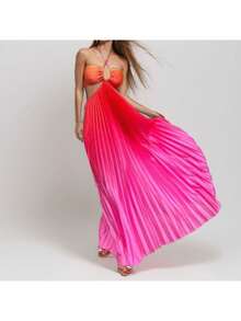 Long Gradient Dress With Halter Neck And Openwork, Elegant And Sensual Style Spring 2026 - Red - View 6