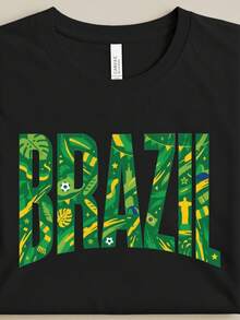 Unisex T-shirt i ren bomull, T-shirt med Brasilien-tryck, T-shirt med tropisk typografi, Grön-gul unisex T-shirt, T-shirt inspirerad av Brasilien, Topp med landskapsmotiv, sommar-T-shirt, sommaroutfit för kvinnor, sommaroutfit för män, dam-T-shirt, Kreativ design, Utomhuslek, Cool stil, Rolig design, Söt stil, Sommaroutfit - Svart - Visa 5