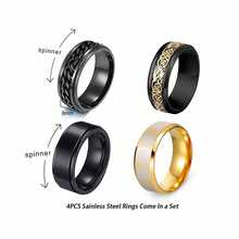 4pcs/Set Men's Rotatable Dragon Pattern Stainless Steel Roman Chain Ring Set, Men's Rings, Men's Wedding Engagement Rings, Jewelry Gift, Comfortable Fit, Size 6-13 - Black and Gold Four-piece Set - View 5