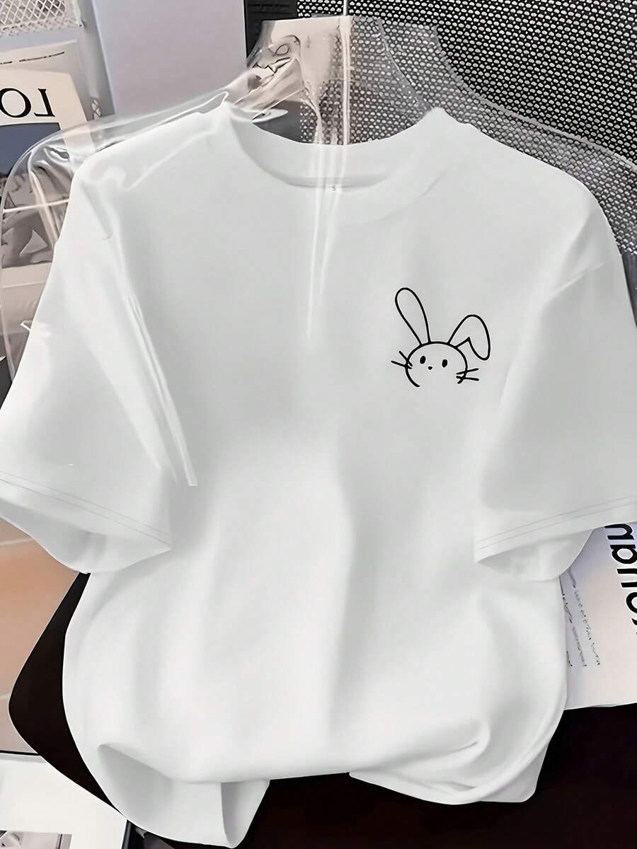 Camiseta de mujer con líneas sencillas y estampado de conejo, de manga corta para parejas, holgada y versátil para el verano, tops unisex para mujer. - Blanco - Ver 1