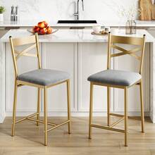 Bar Stools Set Of 2,   High Back And Metal Footrest, Upholstered Large Seat Island Stools Bar Chairs For Dining Room Kitchen Bar - Gold - View 5