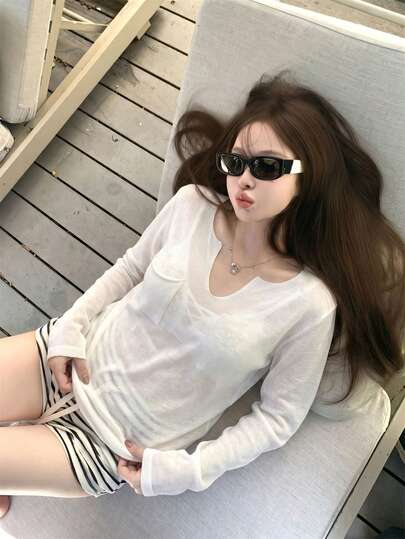 Women's V-Neck Pocket Design Lightweight Knit Cover Up, Casual Vacation Style Loose Fit Long Sleeve Sheer Sun Protection Knit Cover Up, Relaxed Korean Style, Versatile & Slimming Summer Top