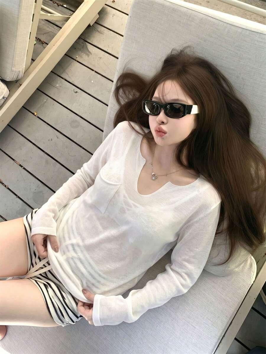 女士V领口袋设计轻薄针织罩衫,休闲度假风宽松长袖薄纱防晒针织罩衫,韩版休闲风,百搭显瘦夏季上衣 - 白色 - 查看 1