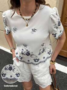 Blusa Corta Bordada Casual para Mujer, Camisas Campestres de Primavera/Verano para Mujer, Ropa de Verano para Vacaciones Campestres - Blanco 2 - Ver 12