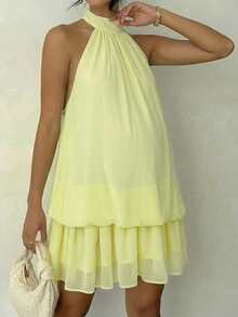 Vestido corto de maternidad sin mangas con volantes y capas en amarillo claro, ligero y fluido, adecuado para ducha de maternidad, fiesta y uso diario - Amarillo - Ver 3
