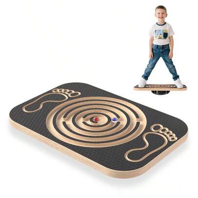 Divertente pedana di equilibrio in legno 44,5 * 30 cm (17,5 * 11,8 pollici) con labirinto incorporato e due palline di vetro di colore casuale, adatto per esercizi di equilibrio del core, squat e supporto piatto