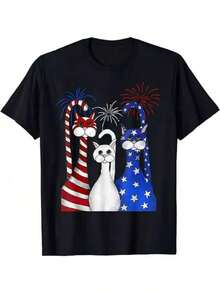 Camiseta Patriótica para Mujer con Temática del 4 de Julio - Diseño de gato en rojo, blanco y azul, con la bandera estadounidense y fuegos artificiales, 100% algodón, estilo casual de manga corta, disponible en tallas S a 5XL, lavable a máquina, ropa para celebraciones festivas, camiseta con temática de gatos, cómoda de llevar -- Camiseta de algodón ligera, transpirable y de corte holgado. - Negro - Ver 6