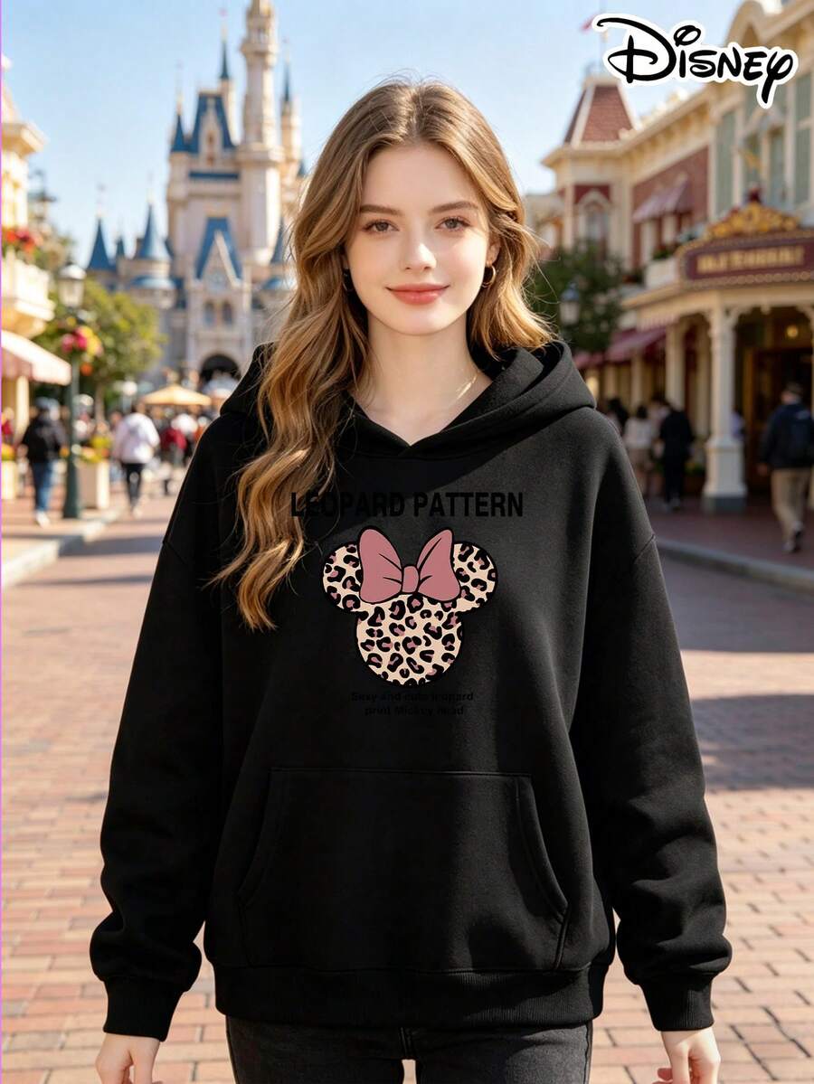 Official Disney Licensed 250G Leopard Print Minnie Mouse Hoodie, Women's 100% Polyester, Fall & Winter Style, Ideal For Commuting, Daily Office & Casual Wear, Perfect Gift For Wife & Girlfriend - Black - View 1