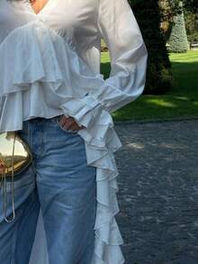 White Beach Blouse With Ruffles, V-Neck And Bell Sleeves, Exclusive Design With Long Trailing Skirt - White - View 7