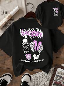 Broken Hearts Embraced By Flaming Skeletons Represent The Struggle Between Sadness And Inner Strength, Conveying Rebellious Energy And Hope. Women's T-Shirt, Modern Casual Double Print - 黑色 - 查看 1
