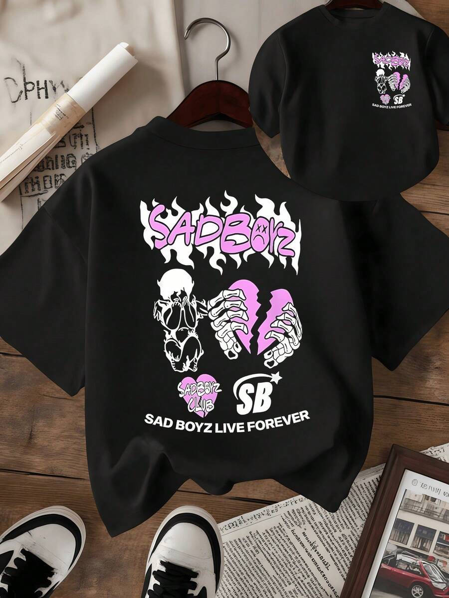 Broken Hearts Embraced By Flaming Skeletons Represent The Struggle Between Sadness And Inner Strength, Conveying Rebellious Energy And Hope. Women's T-Shirt, Modern Casual Double Print - 黑色 - 查看 1