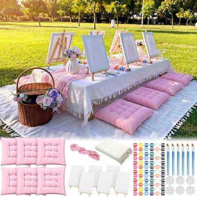 18 Pcs Picnic Paint Party Kit Extra Large Outdoor Boho Blanket With Painting Set Pink Floor Pillow Cushions And Cheesecloth Table Runner For Art Gathering And Outdoor Event Decor, Pink