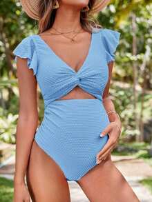 Swim Vcay Traje de baño de una pieza sencillo y elegante sin mangas de unicolor, ropa de playa para mujeres embarazadas - Celeste - Ver 4