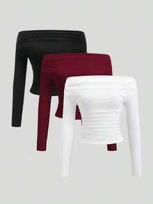 Conjunto de 3 piezas para mujer: Blusa de manga larga hombros descubiertos, blusas cortas entalladas, cómodas y amigables con la piel, versátil y estilizador - Multicolor 11 - Ver 1
