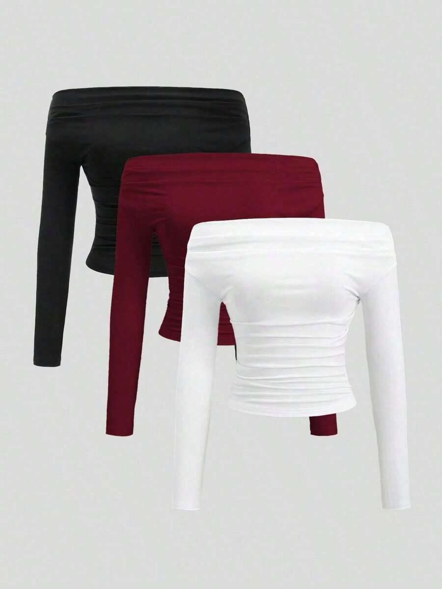 Conjunto de 3 piezas para mujer: Blusa de manga larga hombros descubiertos, blusas cortas entalladas, cómodas y amigables con la piel, versátil y estilizador - Multicolor 11 - Ver 1